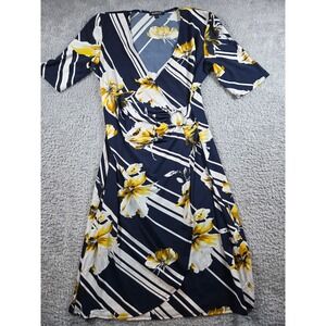 Glamour Faux Wrap Dress‎ 10 Navy Blue Yellow Floral Striped Womens O-Ring Knee